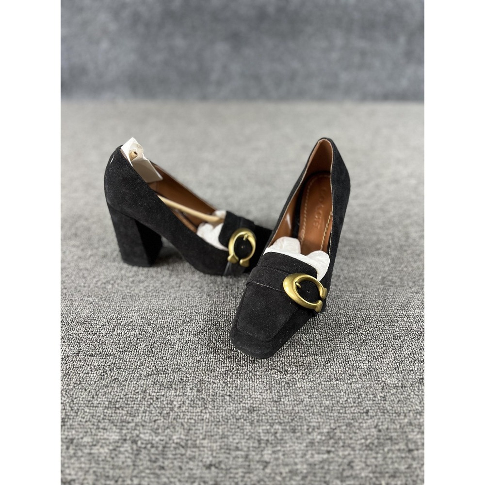 Coach Heels Womens 5 Black Suede Block Heel‎ Buckle Square Toe Pump G2391